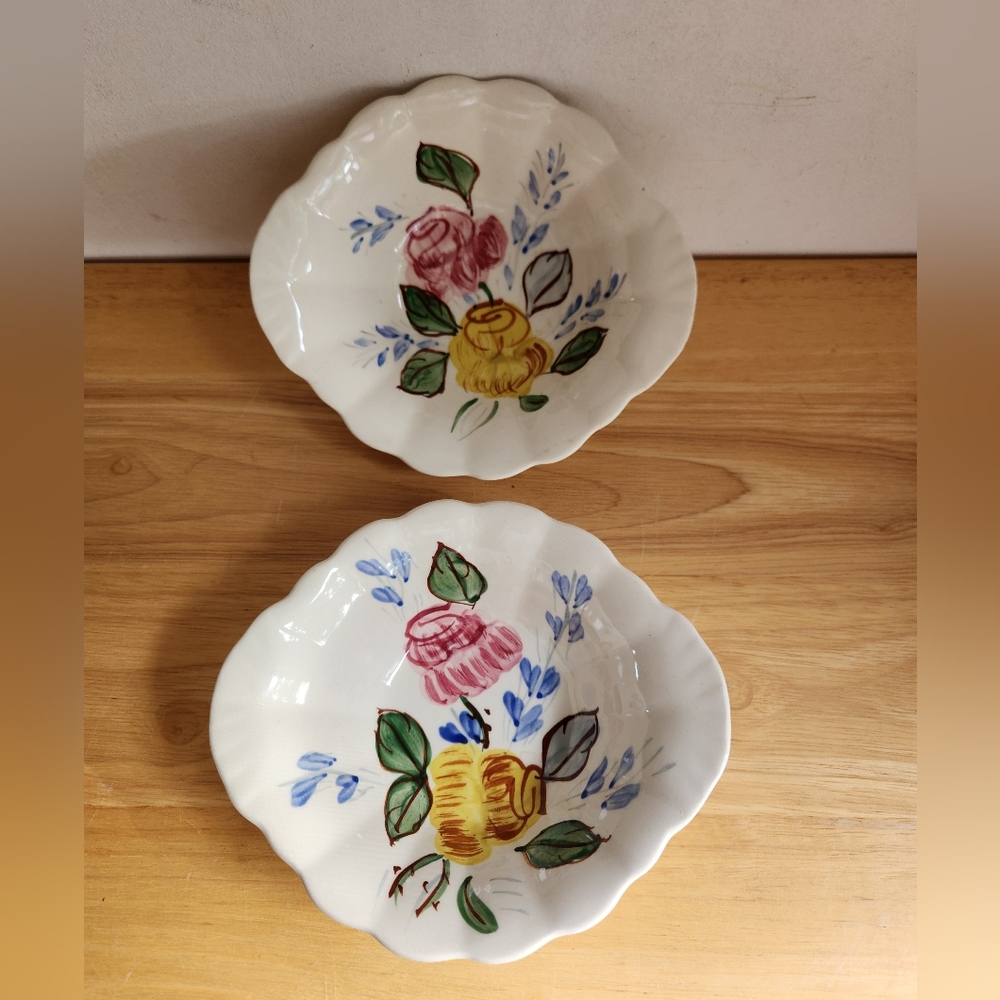 Pair Floral Bowls Handpainted  Ceramic Blue Ridge Flower 2 Art Glass